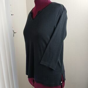 Black Ribbed Tunic T-shirt XL no tags 3/4 length sleeves split V-neck stretch